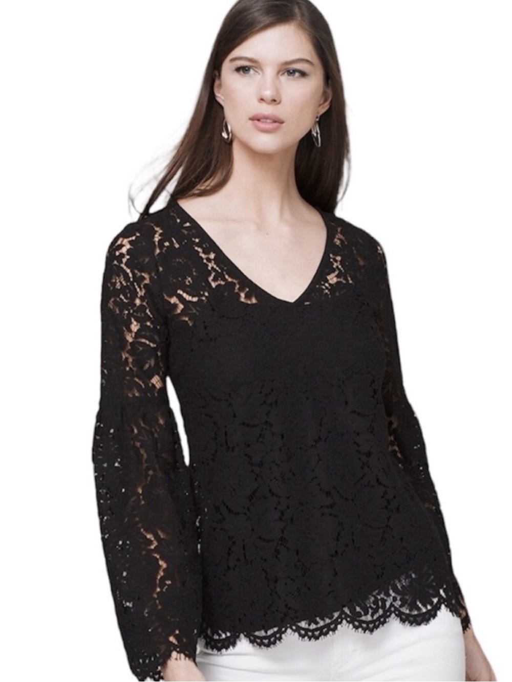 WHITE HOUSE BLACK MARKET Black Floral Lace V-Neck Long Sleeve Top Blouse XS
